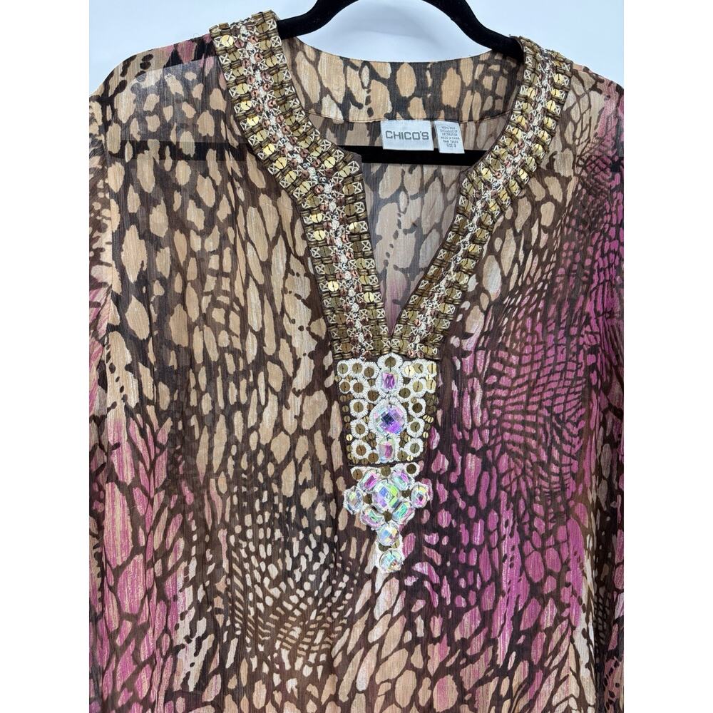 Chico’s Silk Embellished Animal Print Tunic Top Size XL Beaded Pink Brown Y2K - Picture 6 of 9